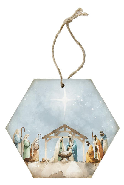 Simply Said, INC Honeycomb Wood Christmas Ornament, Watercolor Nativity Scene, Rustic Christmas Ornament, Made in USA, ORH1766