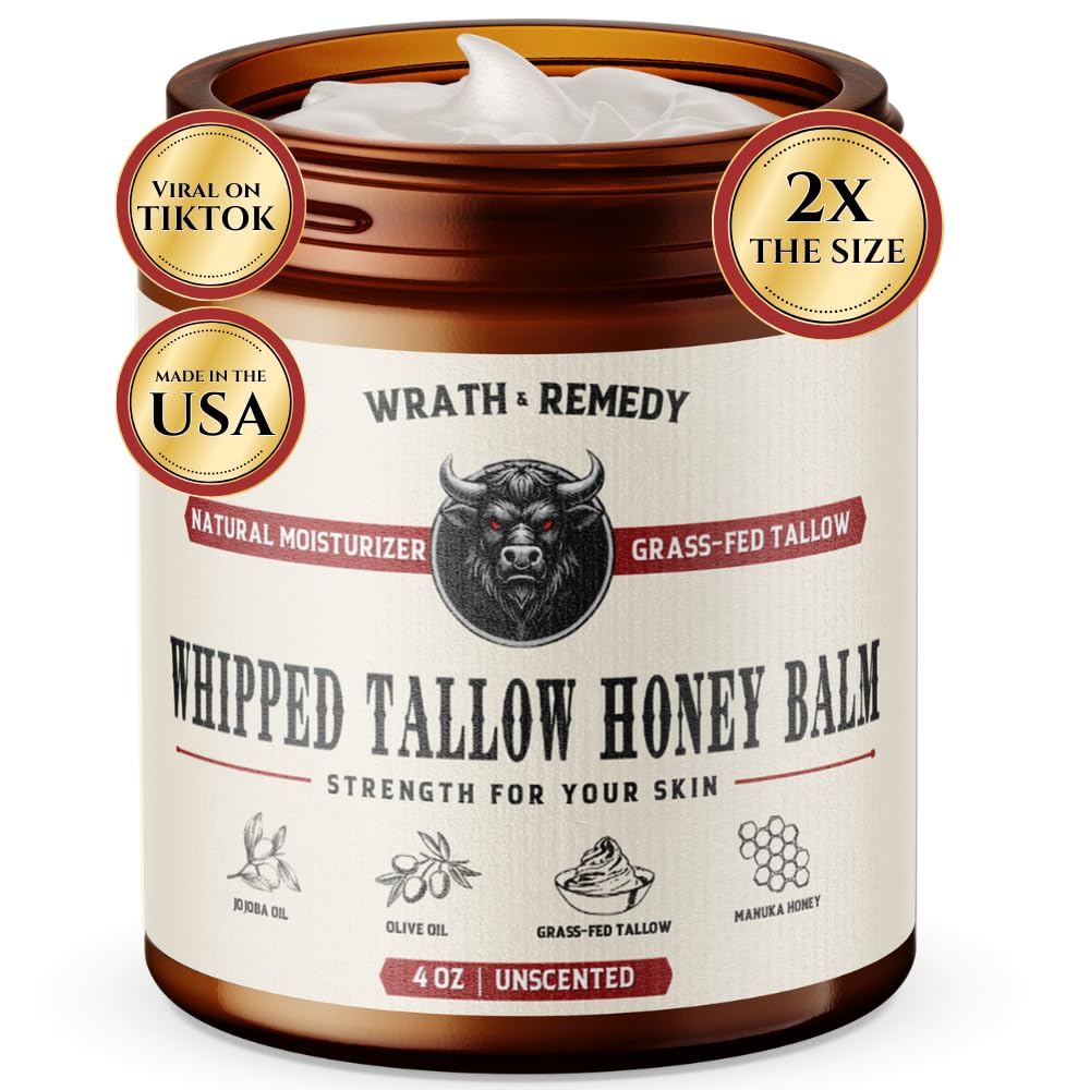 Wrath & Remedy Handmade Whipped Organic Beef Tallow for Skin - 4 OZ (Unscented) — Grass Fed Beef Tallow Moisturizer and Honey Balm for Silky, Sensitive-Skin, Eczema, Rosacea - Free of Harsh Chemicals