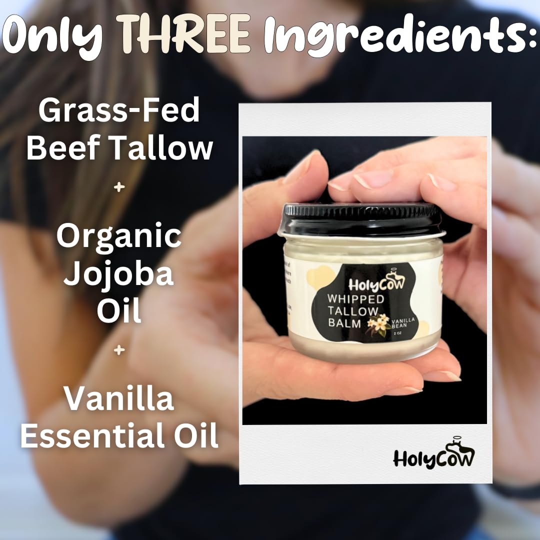 HolyCow Beef Tallow For Skin - Whipped Tallow Balm with Organic Jojoba Oil, Grass Fed Beef Tallow Face Moisturizer for Eczema, Baby, Lip Balm - Lotion For Extremely Dry Skin (Vanilla Bean)