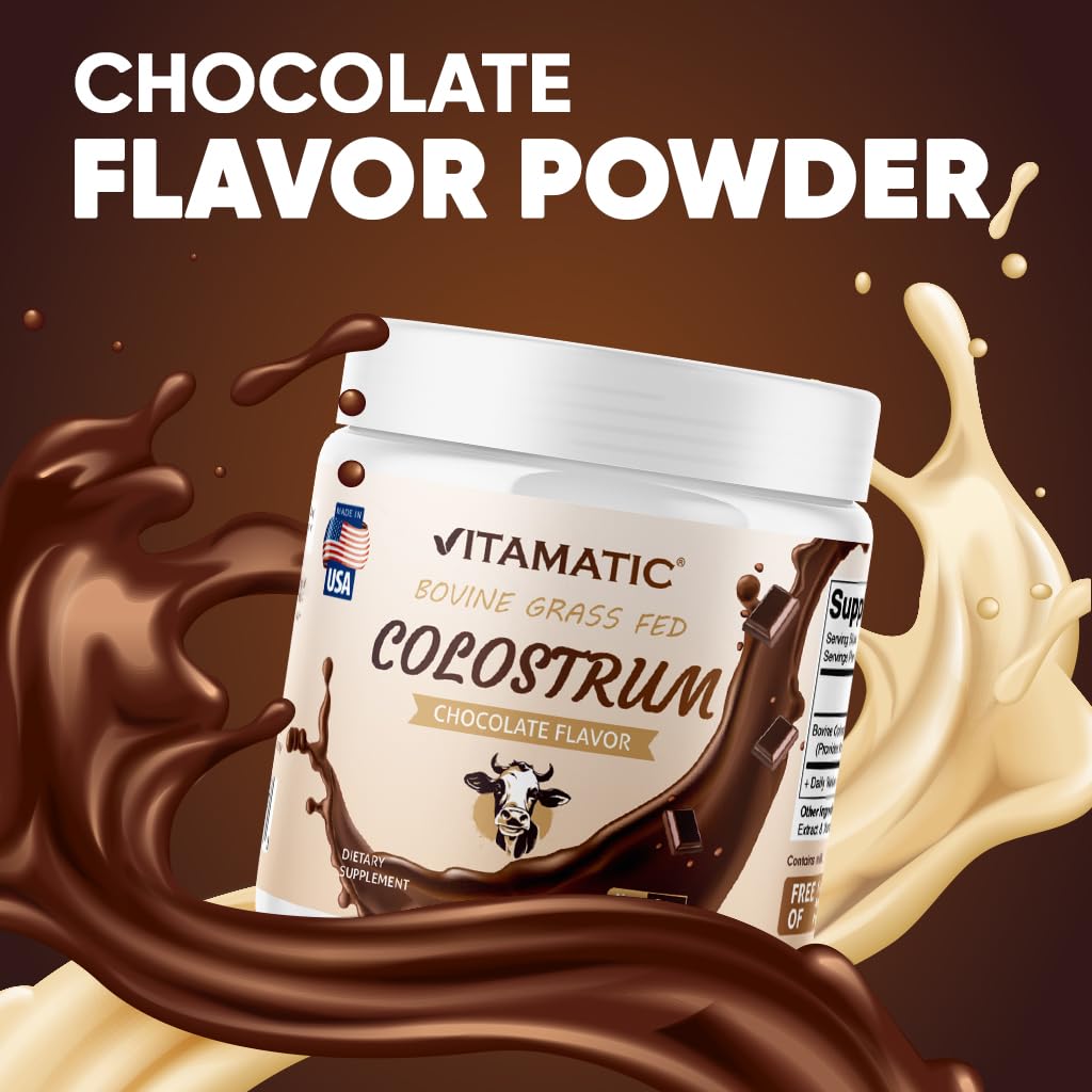 Vitamatic Bovine Colostrum Powder - Supplement for Gut Health, Hair Growth, Beauty, Muscle Recovery, & Immune Support - Easy to Mix - 30 Servings (30 Servings, Chocolate)