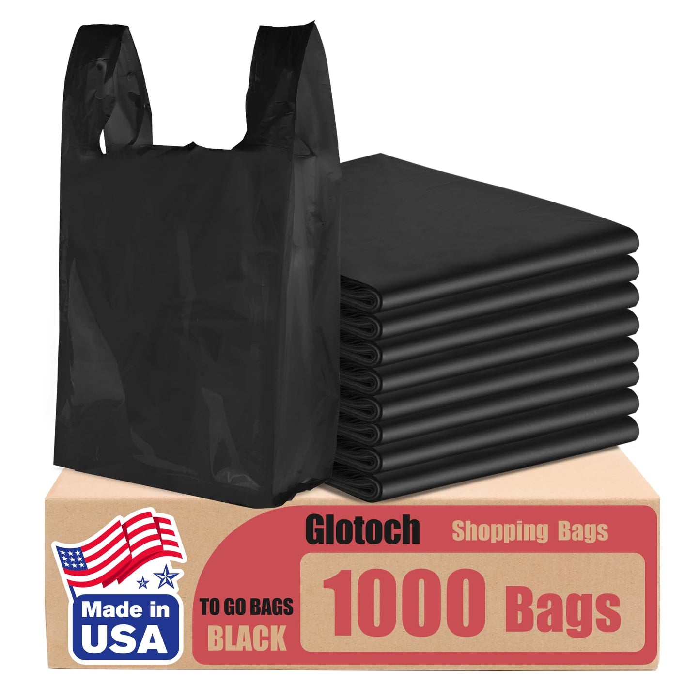 Glotoch 1000 Count Plastic T-shirt Bags Black, 11.5" x 6.5" x 21" Grocery Bags with Handles for Restaurant, Retail, Grocery Store, Takeout, Convenience Stores, Shopping Bag in Bulk