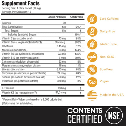 Hyburst Electrolyte & Vitamin Supplement Powder, Drink Mix with B12, L-Theanine, D3, K2, Zinc, Magnesium, Potassium, Supports Calm Focus & Energy, Peach Mango, 15 Pack