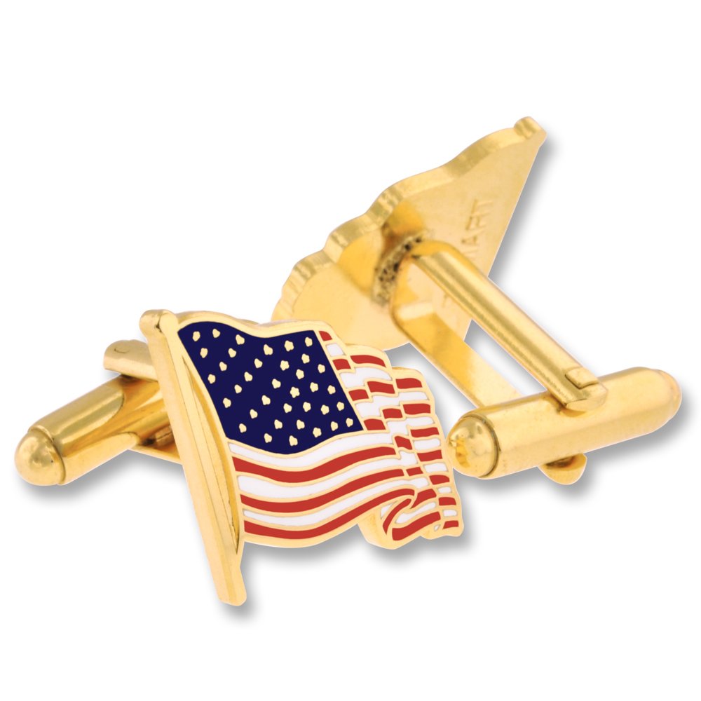 PinMart's Gold Made in the USA American Flag Enamel Lapel Pin and Cufflink Patriotic 2 Pc Bundle Set