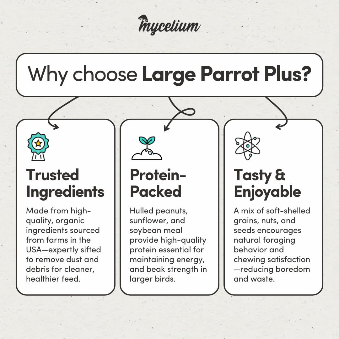 Mycelium Organic Large Parrot Plus Bird Food (5 LBS) | Premium Bird Seed for Macaws, Cockatoos & Parrots | High-Protein, Vitamin-Fortified, Skin & Feather Support | Non-GMO, USA Made, No Fillers
