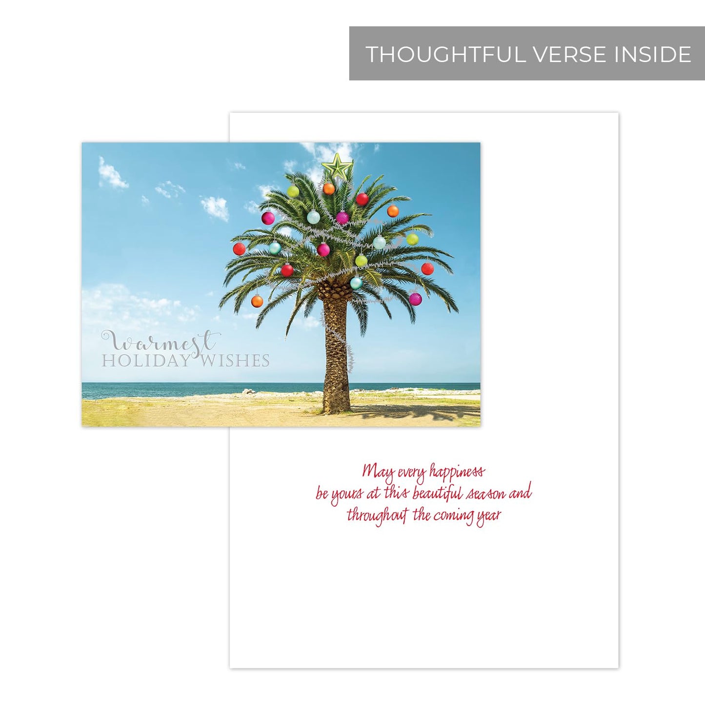 Canopy Street Masterpiece Decorated Palm Cards / 16 Tropical Beach Holiday Card Set With White Envelopes / 5 5/8" x 7 7/8" Warm Weather Coastal Vacation Greeting Cards With Inside Verse