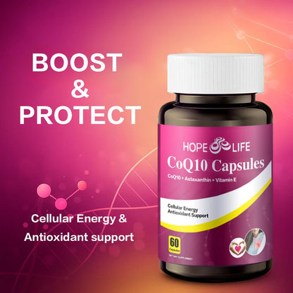 HOPE LIFE Coenzyme Q10 Supplements - 2X Better Absorption, Cellular Energy Support with Astaxanthin and Vitamin E, Antioxidant for Heart Health & Energy Production, 1 Month Supply, 60 Capsules