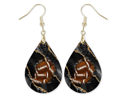 Black Gold Football Dangle Earrings Teardrop Sports School Team Spirit Fan Jewelry Gift for Women Handmade by The Painted Pug (Black and Gold)