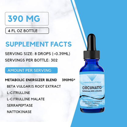 Absonutrix CircuNatto, 390 mg, 4 FL OZ Liquid, 302 Servings, Made in USA, Plant-Based Ingredients, Beta Vulgaris Root Extract, L-Citrulline, Serrapeptase, Gluten-Free, Non-GMO, GMP Certified