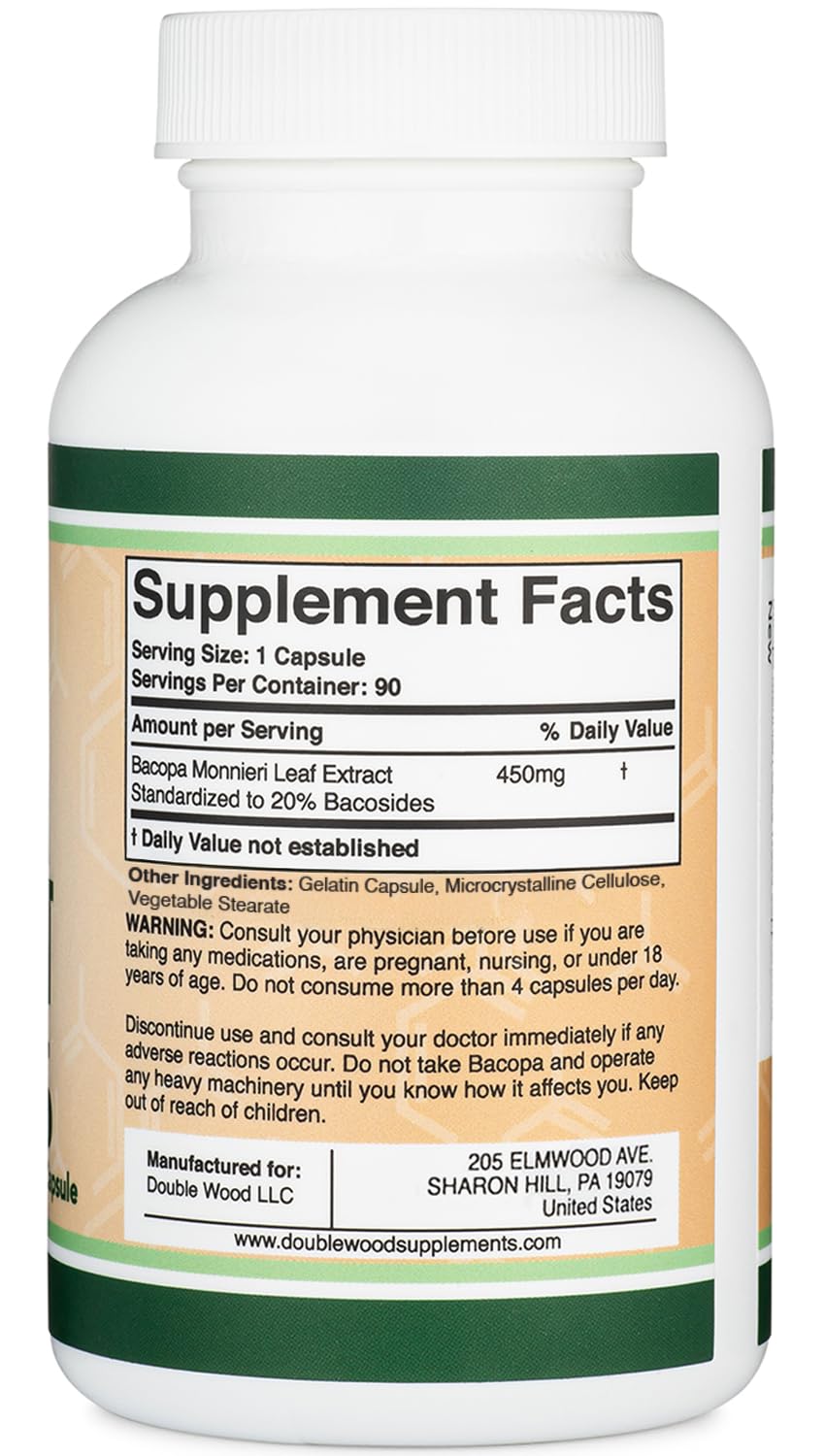Bacopa Monnieri Capsules 20% Bacosides 450mg, 90 Count (Non-GMO, Gluten Free) Brahmi Extract (Memory Supplement for Brain Health, Focus, and Cognitive Function) by Double Wood