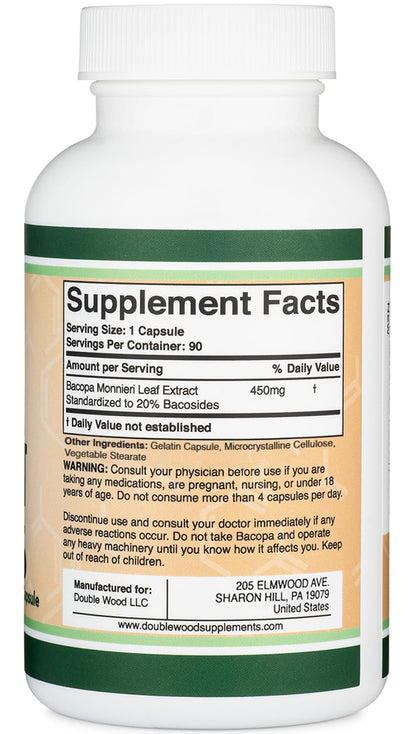 Bacopa Monnieri Capsules 20% Bacosides 450mg, 90 Count (Non-GMO, Gluten Free) Brahmi Extract (Memory Supplement for Brain Health, Focus, and Cognitive Function) by Double Wood