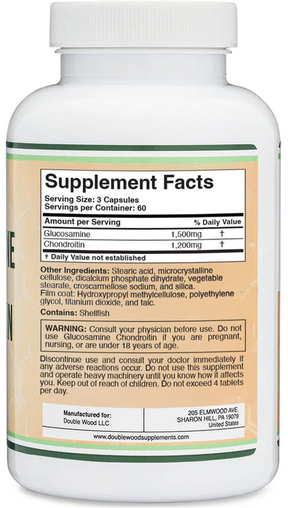 Glucosamine Chondroitin Triple Strength (1,500mg Glucosamine Sulfate, 1,200mg Chondroitin) 180 Tablets, Two Month Supply (Joint Support Supplement) Gluten Free, Non-GMO by Double Wood