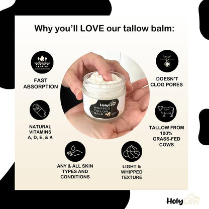 HolyCow Beef Tallow For Skin - Whipped Tallow Balm with Organic Jojoba Oil, Grass Fed Beef Tallow Face Moisturizer for Eczema, Baby, Lip Balm - Lotion For Extremely Dry Skin (Vanilla Bean)