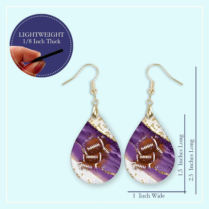 Purple White Gold Football Earrings Dangle Teardrop MDF Wood Sports School Team Spirit Fan Jewelry Gift for Women Mother's Day Handmade by The Painted Pug (Purple White Gold)