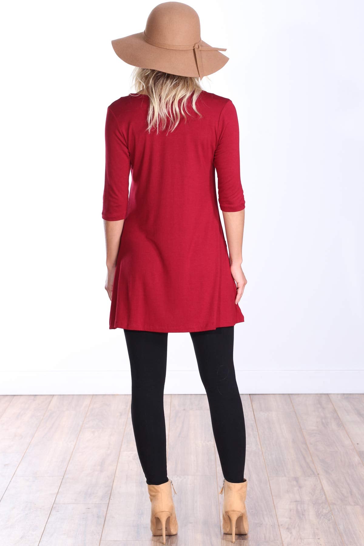 Popana Womens 3/4 Sleeve Tunic Top with Pockets for Leggings Made in USA Burgundy