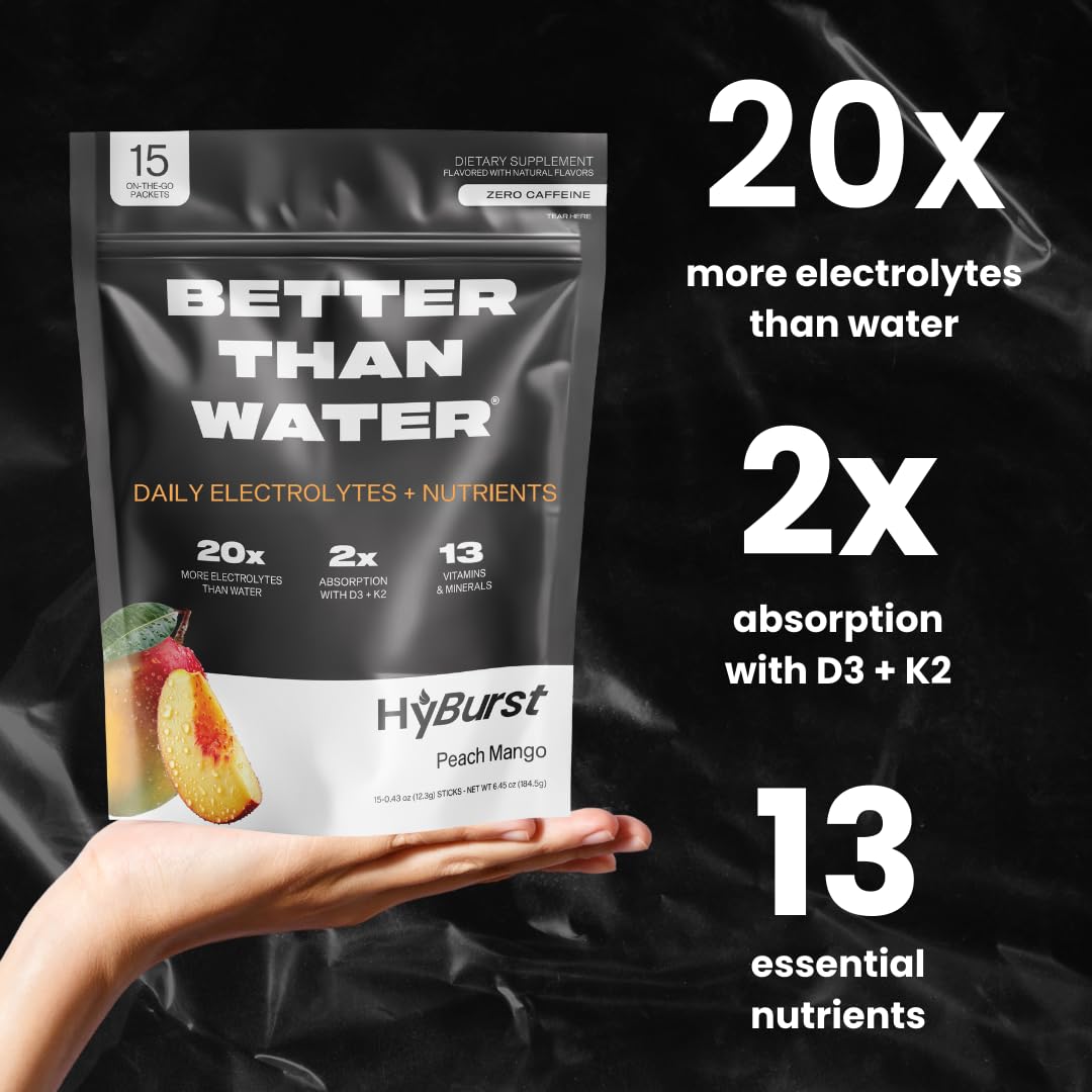 Hyburst Electrolyte & Vitamin Supplement Powder, Drink Mix with B12, L-Theanine, D3, K2, Zinc, Magnesium, Potassium, Supports Calm Focus & Energy, Peach Mango, 15 Pack
