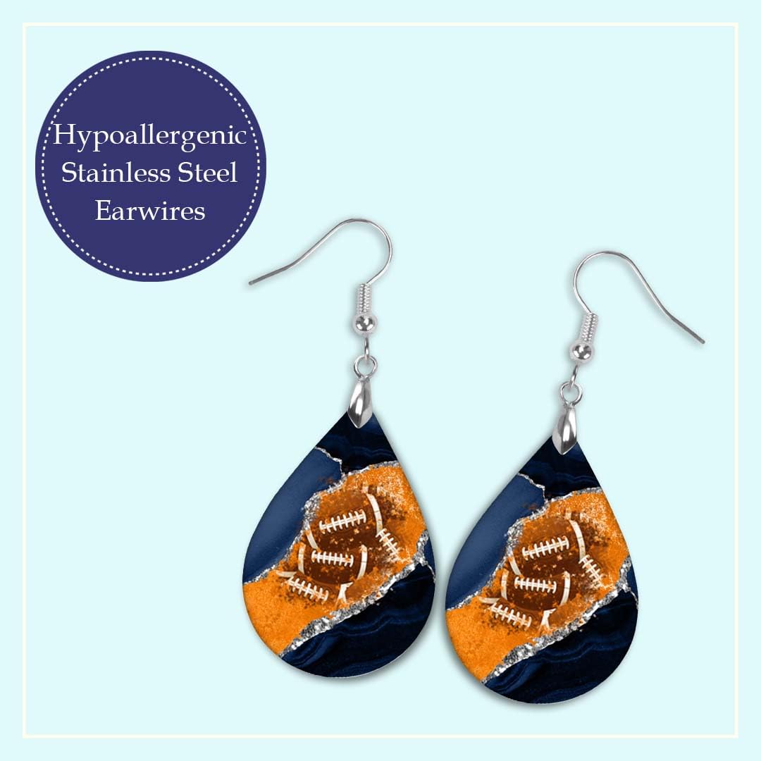 Football Earrings Blue and Orange Dangle Dangling Teardrop MDF Wood Sports School Team Spirit Fan Jewelry for Women Handmade (Navy & Orange)