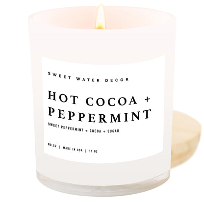 Sweet Water Decor Hot Cocoa + Peppermint Soy Candle | Chocolate, Peppermint, and Vanilla Holiday Scented Candles for Home | 11oz White Jar + Wood Lid, 50+ Hour Burn Time, Made in The USA