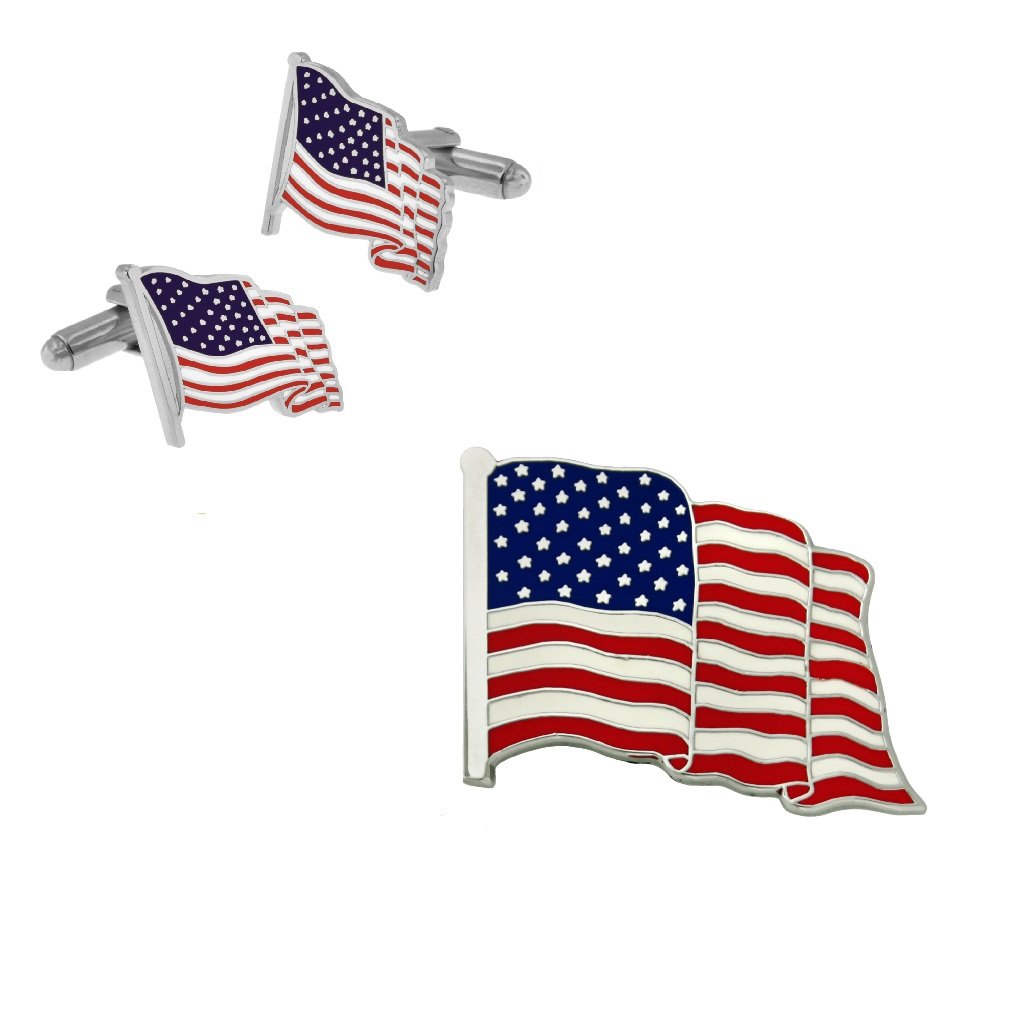 PinMart's Silver Made in the USA American Flag Enamel Lapel Pin & Cufflink Patriotic 2 Pc Bundle set