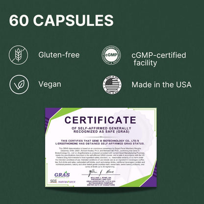 GENEIII L-Ergothioneine Supplement, 30mg(EGT)/Serving, 6X Ergothioneine Mushroom Extract Supplements Longevity, Immune Support, Heart Health & Brain Supplement, Lab Tested, Made in USA, 60 Servings