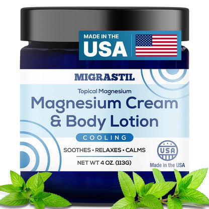 Cooling Magnesium Cream & Body Lotion - Promotes Sleep and Soothing Relief for Sore Muscles, Leg Discomfort, Etc. 4oz. Made in The USA.