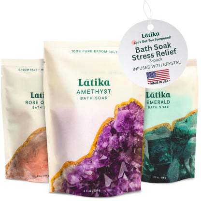 Latika Geode-Inspired Bath Soak Set of 3 - Amethyst, Rose Quartz & Emerald with Essential Oils & Epsom Salt - Sandalwood, Lavender, Sage & Eucalyptus for Stress Relief, Muscle Recovery & Skin Care