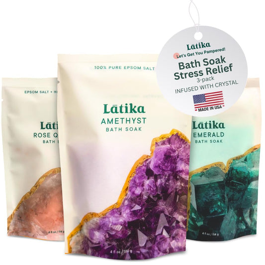 Latika Geode-Inspired Bath Soak Set of 3 - Amethyst, Rose Quartz & Emerald with Essential Oils & Epsom Salt - Sandalwood, Lavender, Sage & Eucalyptus for Stress Relief, Muscle Recovery & Skin Care