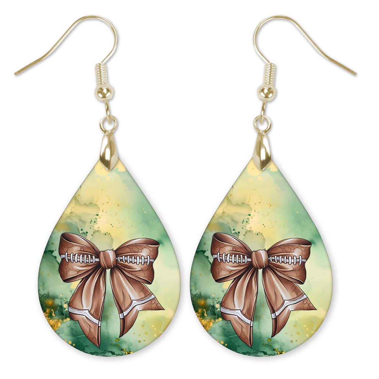 Football Dangle Earrings Green Gold Coquette Bow Teardrop 2.5 Inches Long Lightweight Double-Sided Design Handmade by The Painted Pug