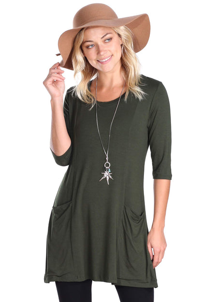 Popana Womens 3/4 Sleeve Tunic Top with Pockets for Leggings Made in USA Olive
