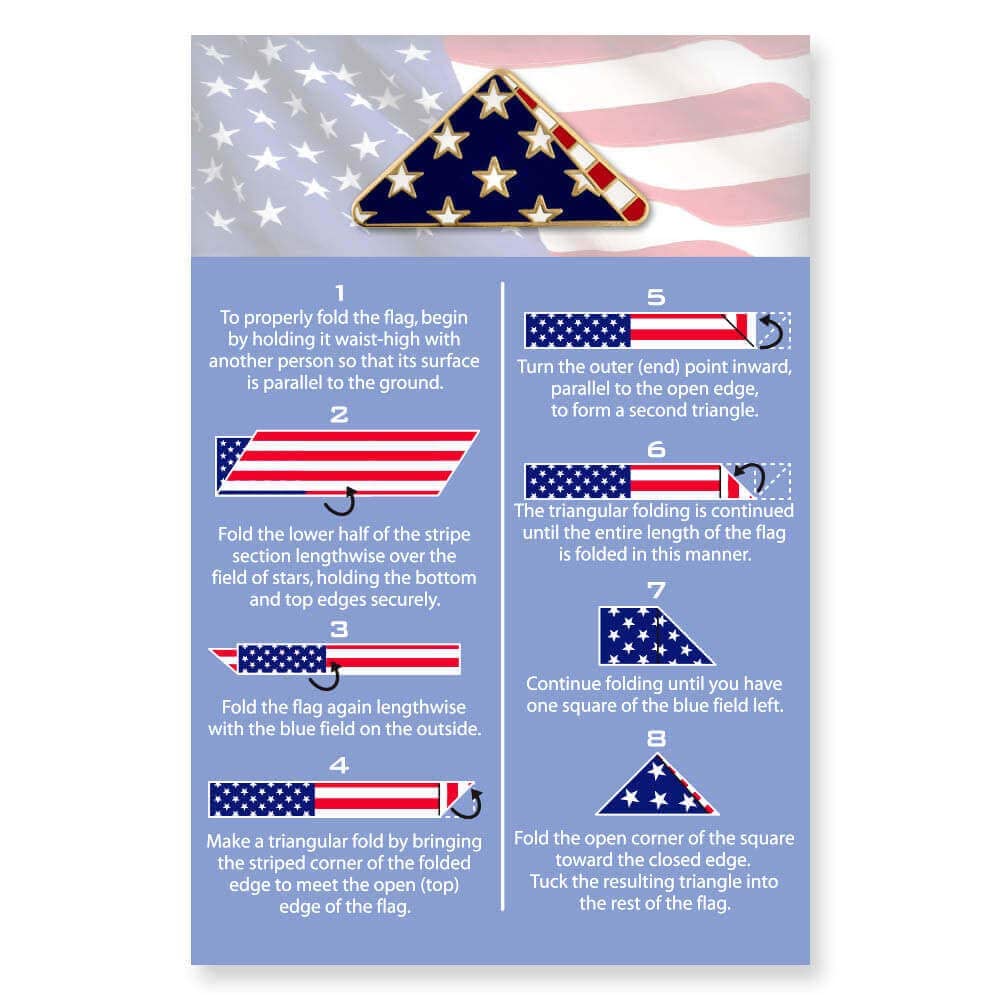 PinMart's Folded American Flag Memorial Veteran Lapel Pin on Instruction Card - Patriotic Enamel Pins for Clothing, Hats, Backpacks and Bags - Memorial Day Pins for Men and Women