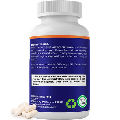 Vitamatic Boric Acid Vaginal Capsule Shell Suppositories 600 mg USP Grade Boric Acid in Vegetarian Capsule Shell - 60 Count