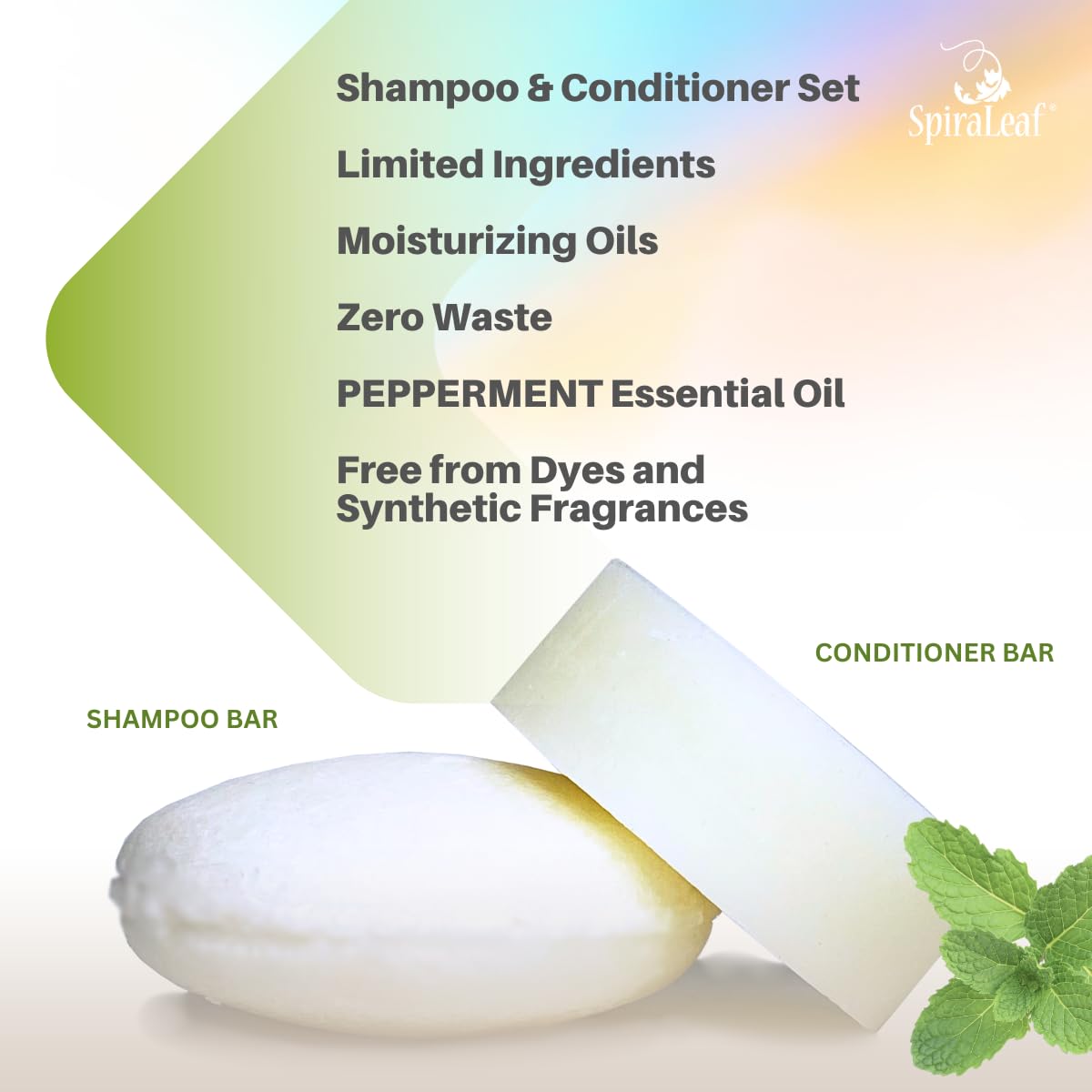 SPIRALEAF Solid Shampoo Bar & Conditioner Bar Set, PEPPERMINT Essential Oil, Limited Ingredients, Concentrated Formula, Fragrance-Free, Dye-Free, Premium Hair Care and Shave Bars
