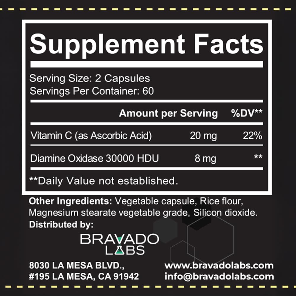 Bravado Labs DAO Supplements Histamine Blocker – Extra Potent 30,000 HDU DAO Enzyme Formula for Histamine Digest & Immune Support – for Food-Related Histamine Intolerance - Daily Use - 120 caps.