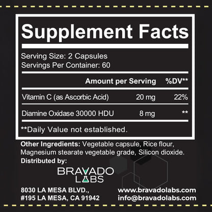 Bravado Labs DAO Supplements Histamine Blocker – Extra Potent 30,000 HDU DAO Enzyme Formula for Histamine Digest & Immune Support – for Food-Related Histamine Intolerance - Daily Use - 120 caps.