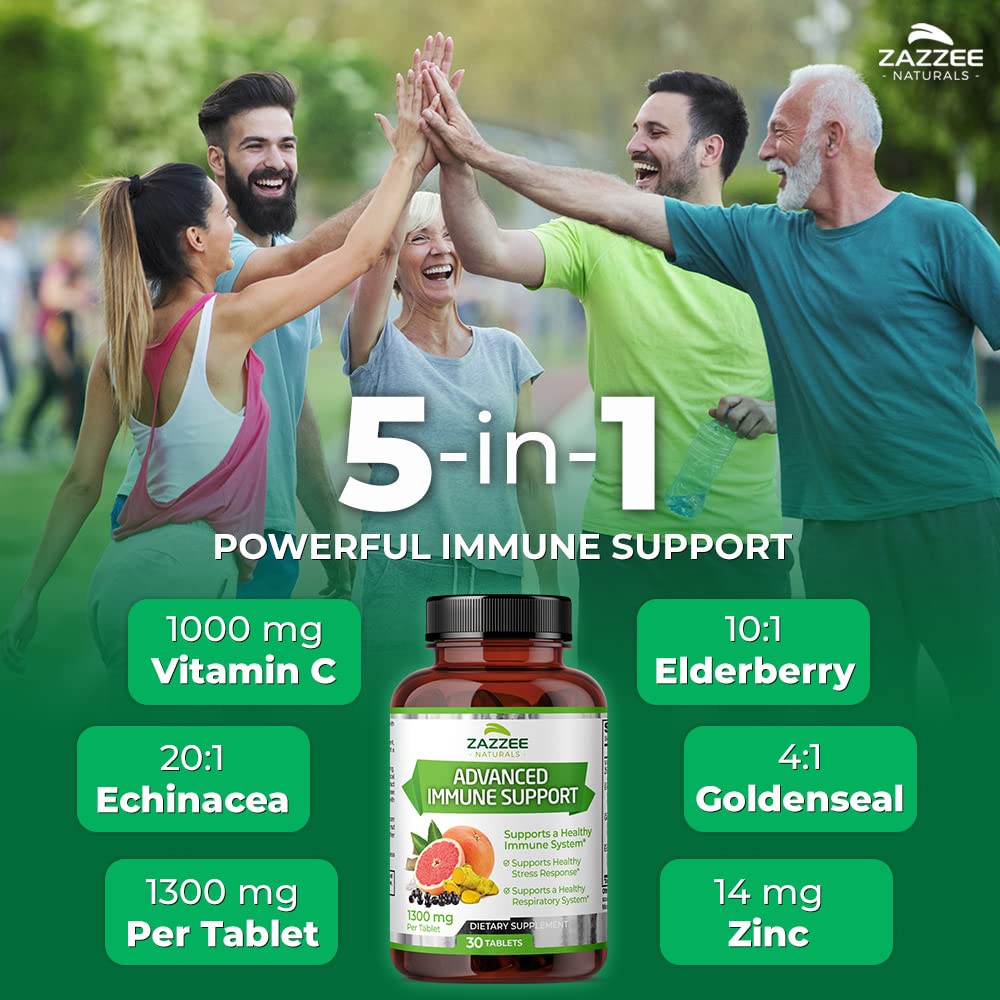 Zazzee Advanced Immune Support, 1300 mg per Tablet, 30 Vegan Tablets, 30 Day Supply, 1000 mg Vitamin C, 1000 mg Echinacea, 1000 mg Elderberry, 200 mg Goldenseal, Zinc, All-Natural and Non-GMO
