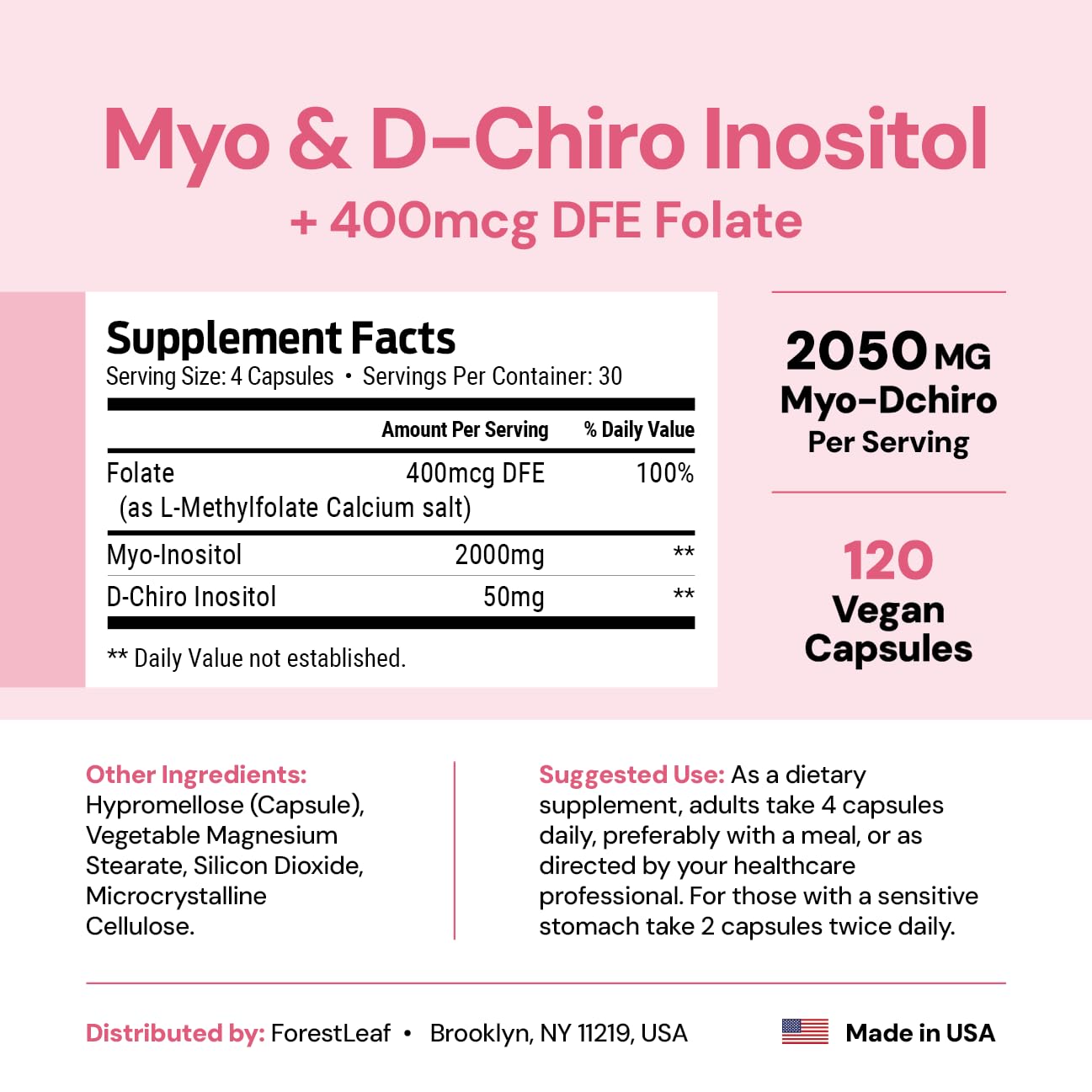 Myo-Inositol & D-Chiro Inositol Supplement for Women's Health | Fertility Supplements Women | Inositol 40:1 Ratio Support Ovarian Function & Healthy Hormone Balance Women | 2050mg | 120 Powder Caps