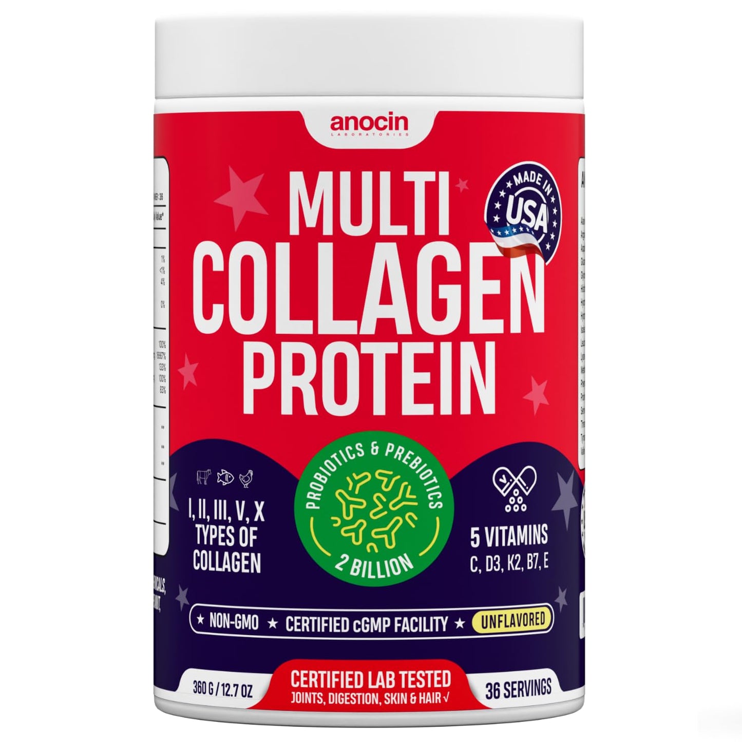 anocin Multi Collagen Peptides w/Prebiotic + Probiotics + Type I, II, III, V, X + Hydrolyzed Collagen Powder w/Vitamin C+D3+B7+K2+E Hyaluronic Acid, Supports Skin Hair Nail Joint, Grass-Fed, Non-GMO