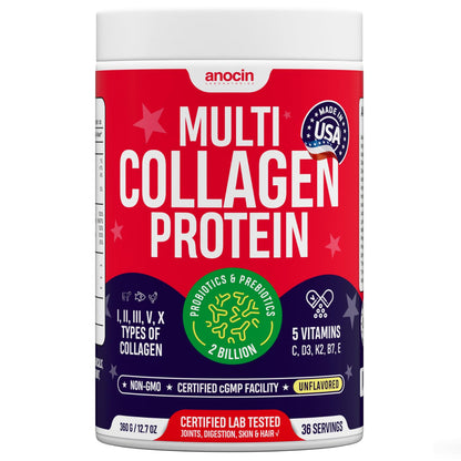 anocin Multi Collagen Peptides w/Prebiotic + Probiotics + Type I, II, III, V, X + Hydrolyzed Collagen Powder w/Vitamin C+D3+B7+K2+E Hyaluronic Acid, Supports Skin Hair Nail Joint, Grass-Fed, Non-GMO