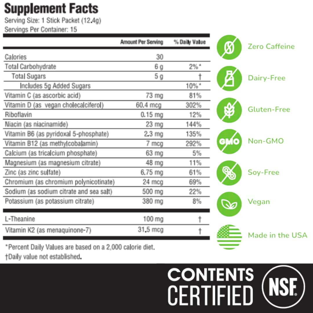 Hyburst Electrolyte & Vitamin Supplement Powder, Drink Mix with B12, L-Theanine, D3, K2, Zinc, Magnesium, Potassium, Supports Calm Focus & Energy, Lemon Lime, 15 Pack