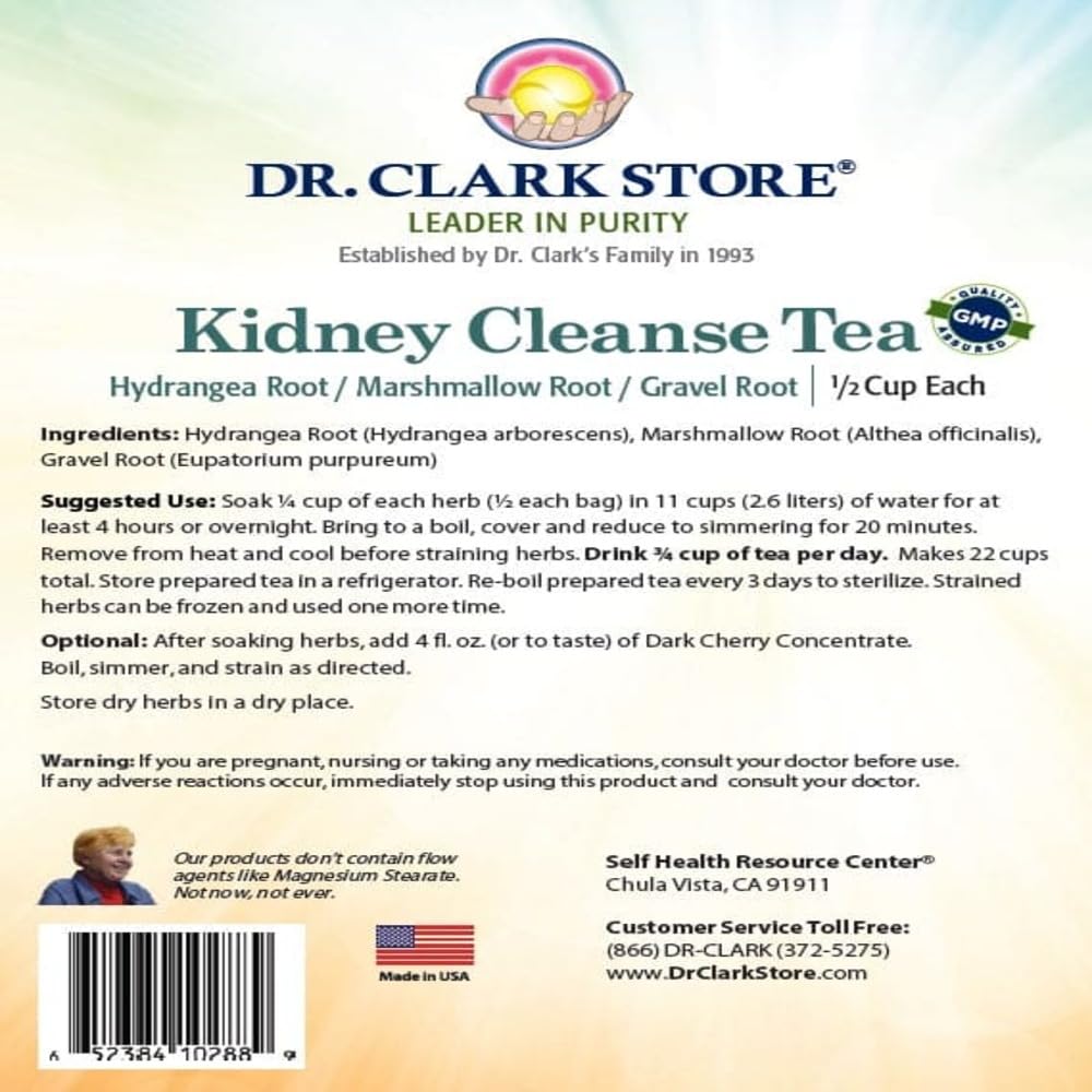 Dr. Clark Dietary Supplement - Kidney Cleanse Tea Bags Supports Kidney Function & Expulsion Kidney Stones - Hydrangea, Marshmallow Root & Gravel Root - 3 Bags per Pack