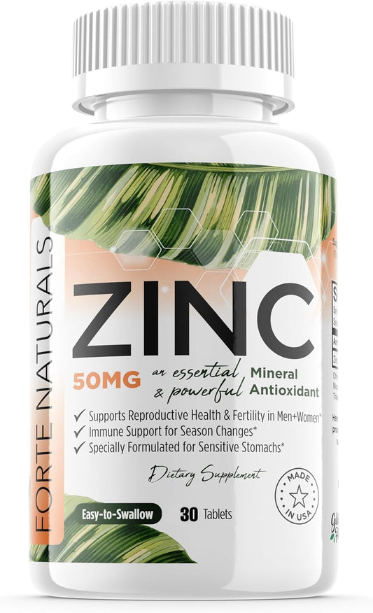 FORTE NATURALS Zinc 50mg, (30 Tablets), Specially Formulated for Sensitive Stomach, Immune Support, Skin & Hair, Vegan Zinc Supplement, Non-GMO Made in USA