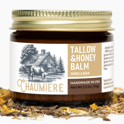 Chaumiere Organic Grass-Fed Beef Tallow and Honey balm, Face Moisturizer, Vanilla Bean, 2.5 oz
