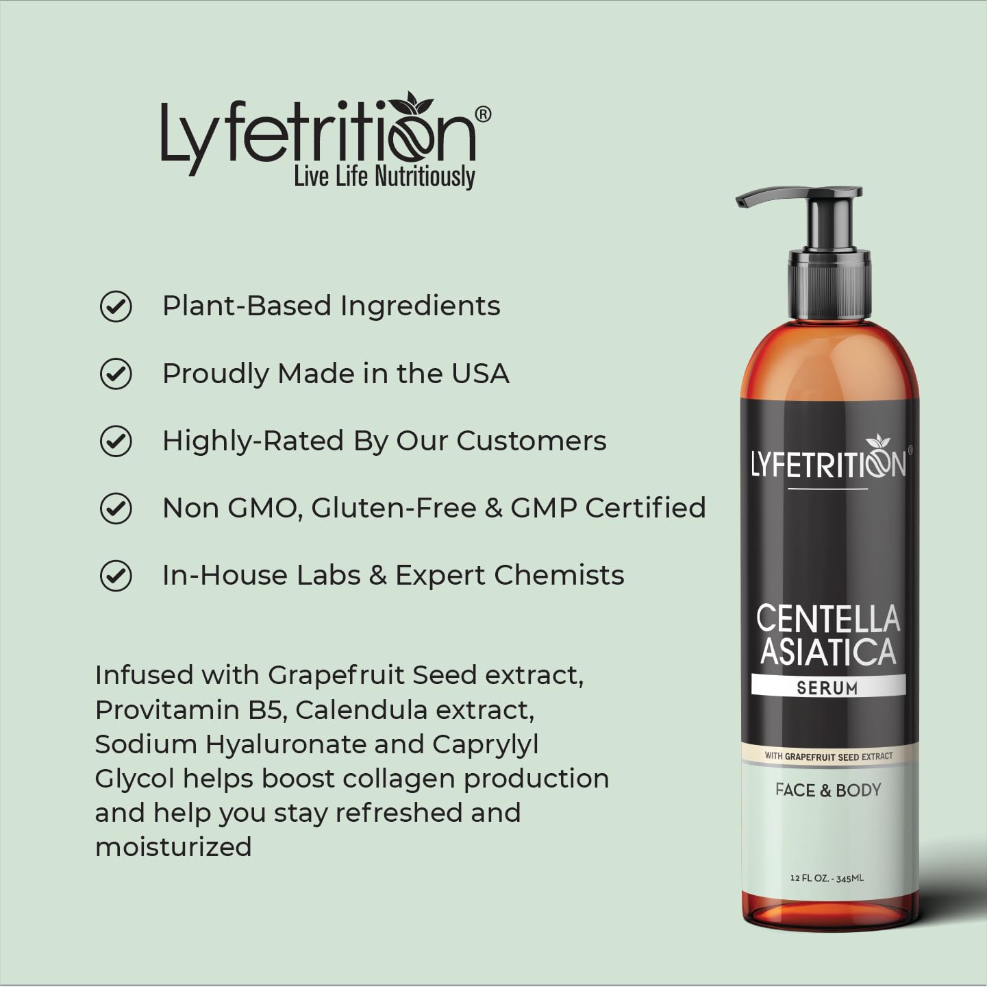 Lyfetrition Centella Asiatica Cica Serum - 12 Fl Oz Large Bottle - Anti-Aging Face Serum for Sensitive Skin Cream - Boosts Collagen Production Younger Skin