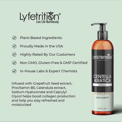 Lyfetrition Centella Asiatica Cica Serum - 12 Fl Oz Large Bottle - Anti-Aging Face Serum for Sensitive Skin Cream - Boosts Collagen Production Younger Skin