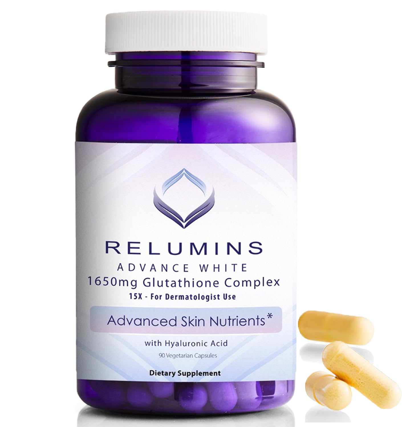 Relumins 1650mg L-Glutathione Complex with Hyaluronic Acid, Alpha Lipoic Acid, Rose HIPS, Vitamin E & Riboflavin – Antioxidant Support, Skin Hydration & Wellness – 90 Veggie Capsules