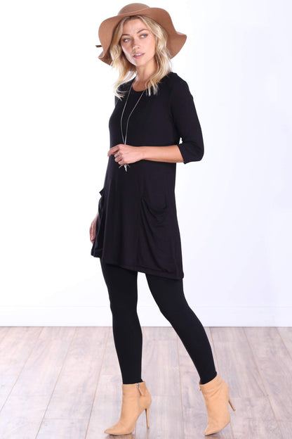 Popana Womens 3/4 Sleeve Tunic Top with Pockets for Leggings Made in USA Black
