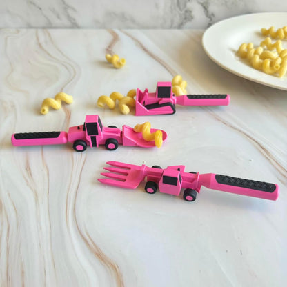 Constructive Eating Plate and Utensils Set - USA-Made Toddler Dinnerware with Divided Plates (Pink Construction)