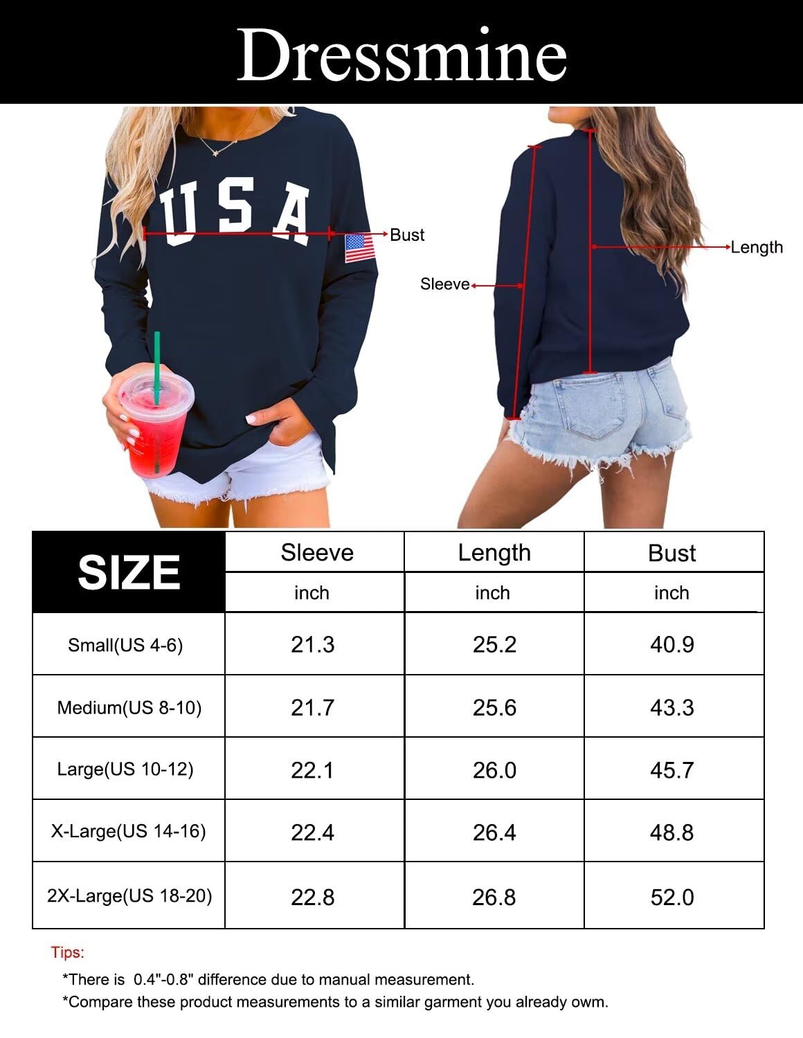 Dressmine Americana Clothes for Women Usa Crewneck Graphic Sweatshirt White Flag Shirt Flower White X-Large