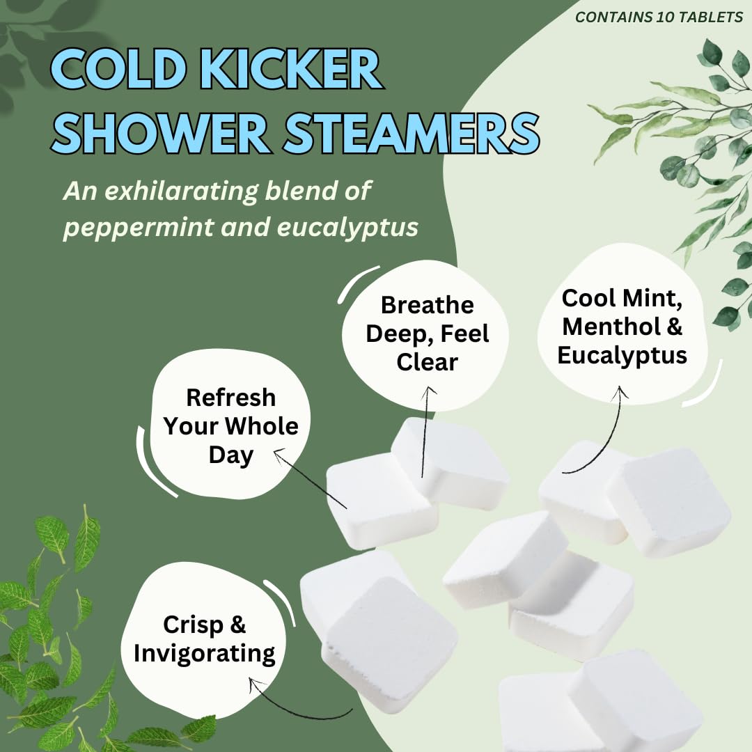Cold Kicker Shower Steamers Aromatherapy for Relief - USA Made - Peppermint & Eucalyptus Shower Bomb Tablets – Valentines Day Gift for Her and Him – Soothing Natural Essential Oils (10 Pack)