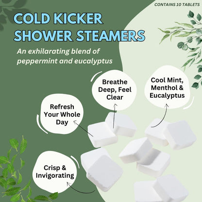 Cold Kicker Shower Steamers Aromatherapy for Relief - USA Made - Peppermint & Eucalyptus Shower Bomb Tablets – Valentines Day Gift for Her and Him – Soothing Natural Essential Oils (10 Pack)