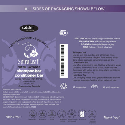 SPIRALEAF Solid Shampoo Bar & Conditioner Bar Set, FRESH LAVENDER Essential Oil Blend, Limited Ingredients, Concentrated Formula, Fragrance-Free, Dye-Free, Premium Hair Care and Shave Bars